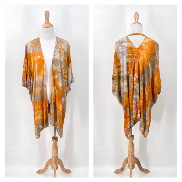 Tie Dye Short Kimono Womens One Size Orange Gray Boho Festival THUNDER TEXTILE - Picture 1 of 10